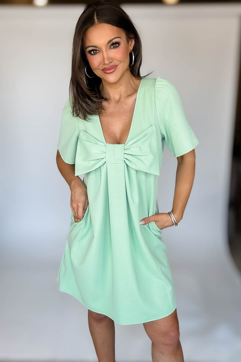 Mint Solid Bow Back Dress