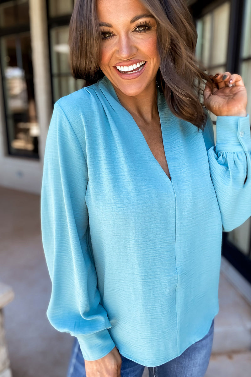 Live Your Life Dusty Teal Woven Airflow V-Neck Long Sleeve Top
