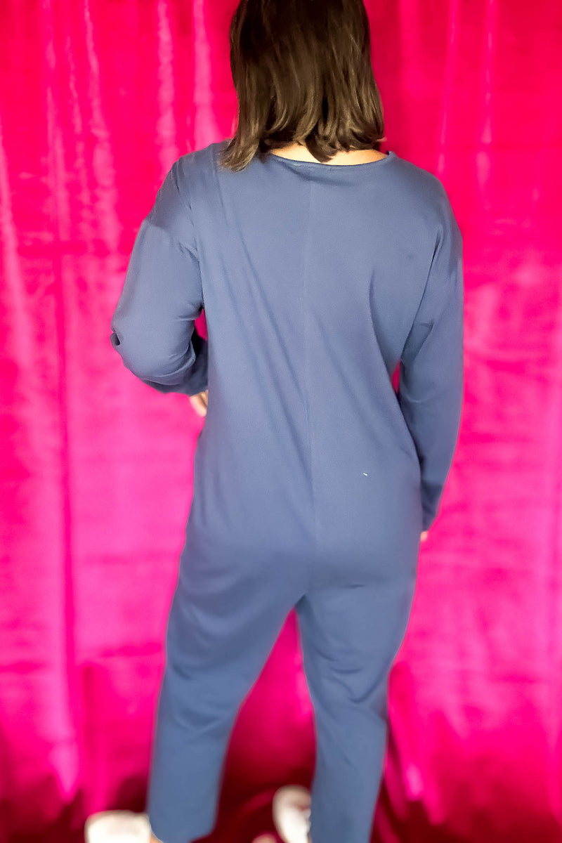 Solid Blue Knit Baggy Comfy Jumpsuit with Front Pockets