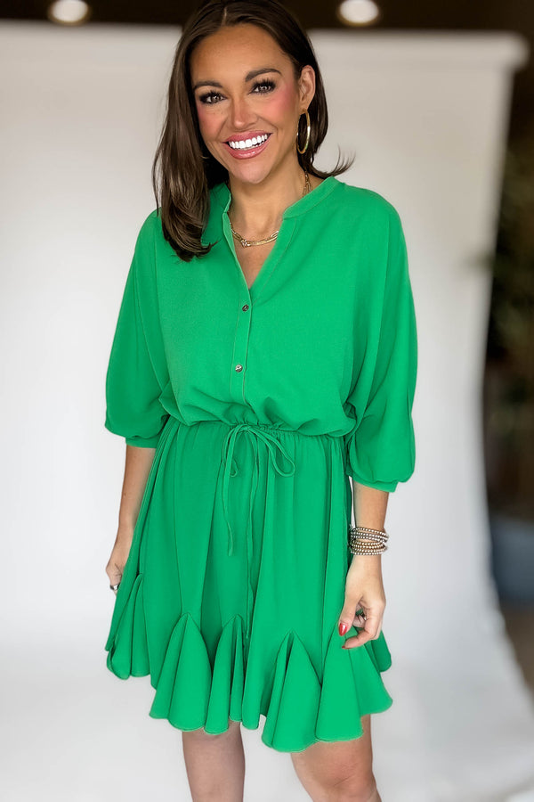 Button Down Green Drawstring Waist Woven Mini Dress