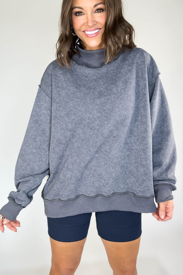 Bucketlist CharcoalVintage Wash Print Mock Neck Oversized Sweatshirt