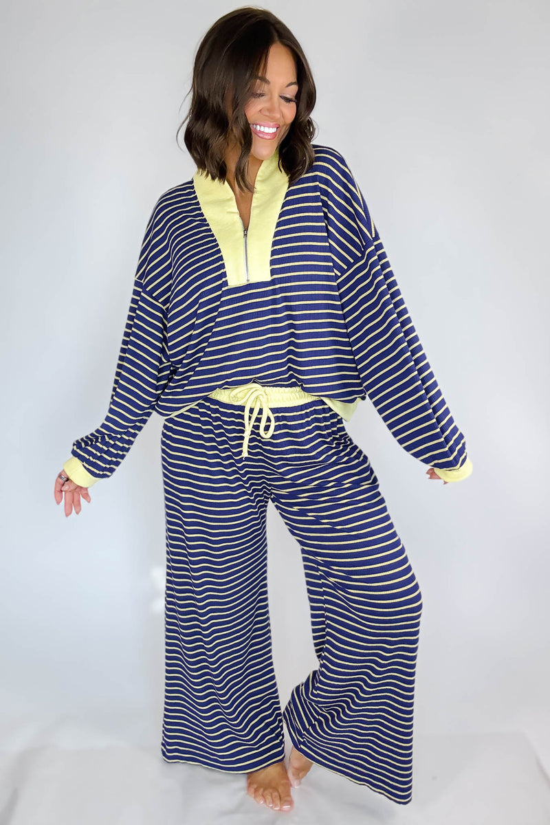 Bucketlist Blue And Yellow Half Zip-up Stripe Print Pullover Top