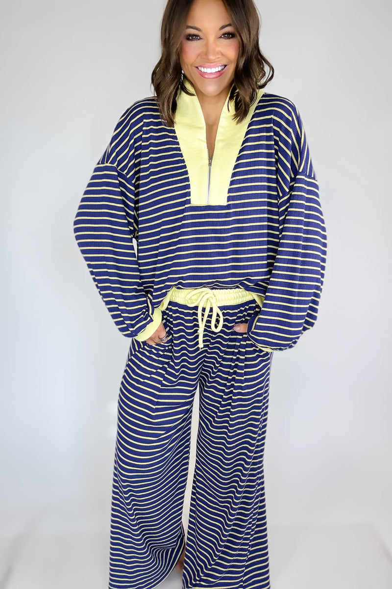 Bucketlist Blue And Yellow Drawstring Waist Stripe Print Ribbed Sweatpants