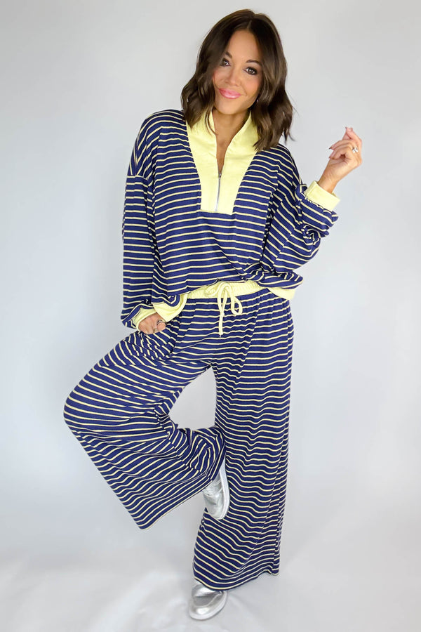 Bucketlist Blue And Yellow Drawstring Waist Stripe Print Ribbed Sweatpants