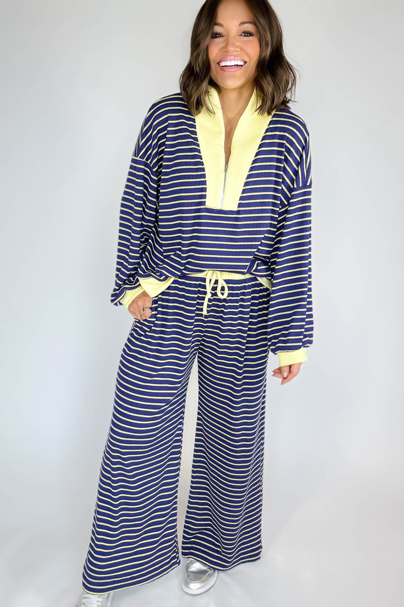 Bucketlist Blue And Yellow Drawstring Waist Stripe Print Ribbed Sweatpants