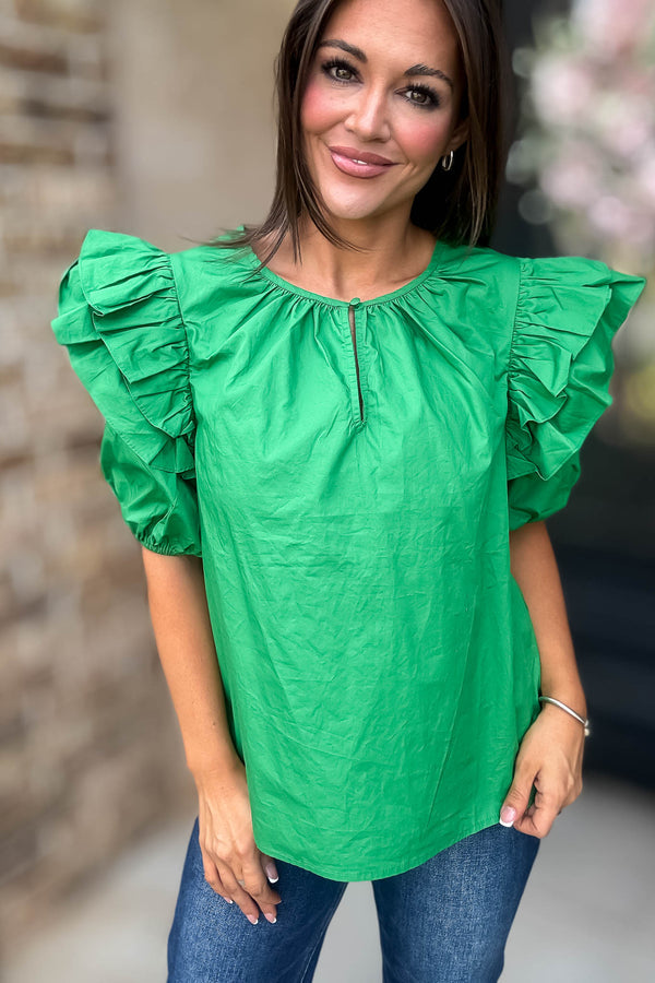 Sugarlips Green Short Ruffle Sleeve Key Hole Blouse