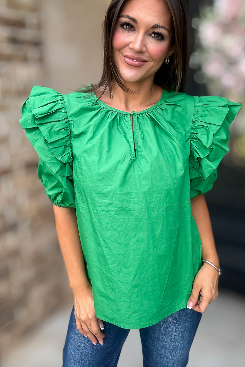 Sugarlips Green Short Ruffle Sleeve Key Hole Blouse