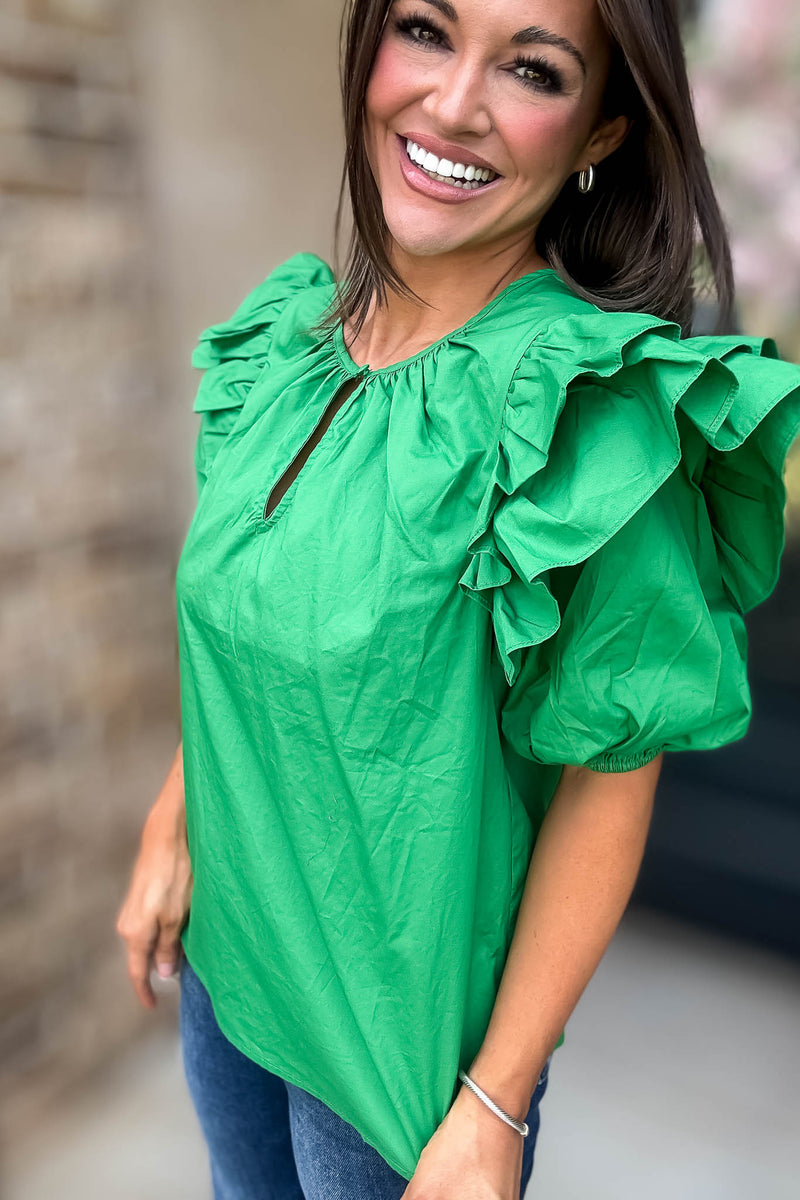 Sugarlips Green Short Ruffle Sleeve Key Hole Blouse