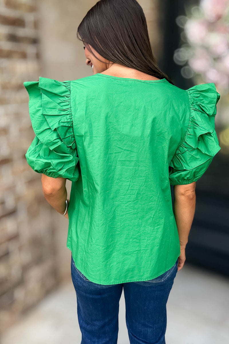 Sugarlips Green Short Ruffle Sleeve Key Hole Blouse