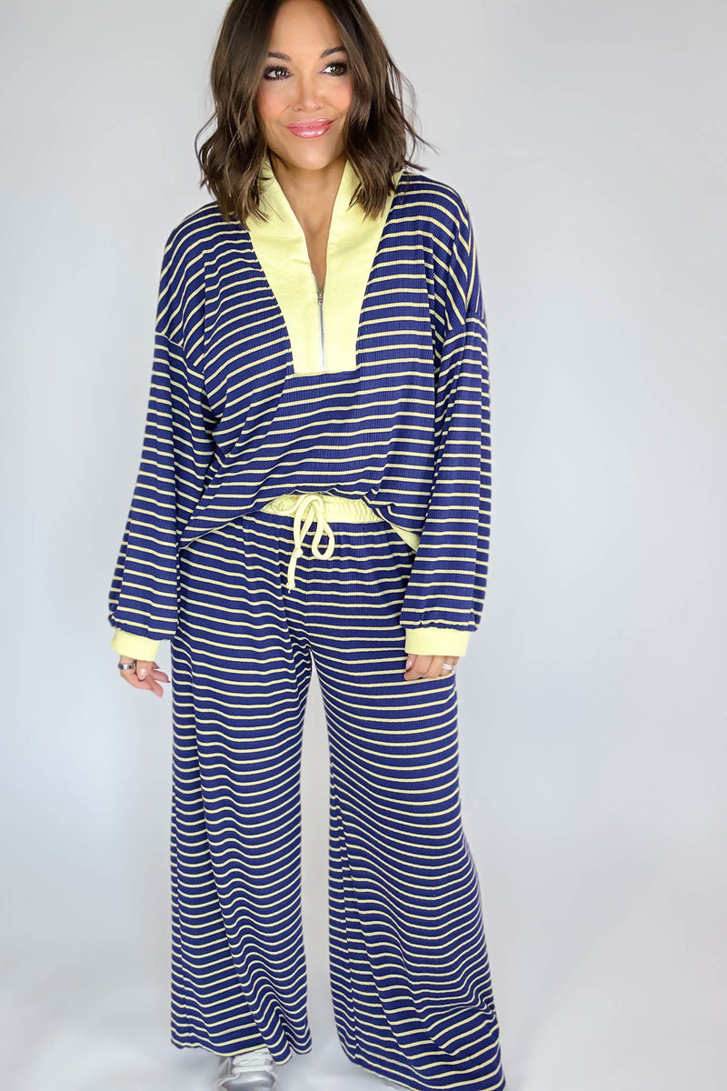 Bucketlist Blue And Yellow Half Zip-up Stripe Print Pullover Top