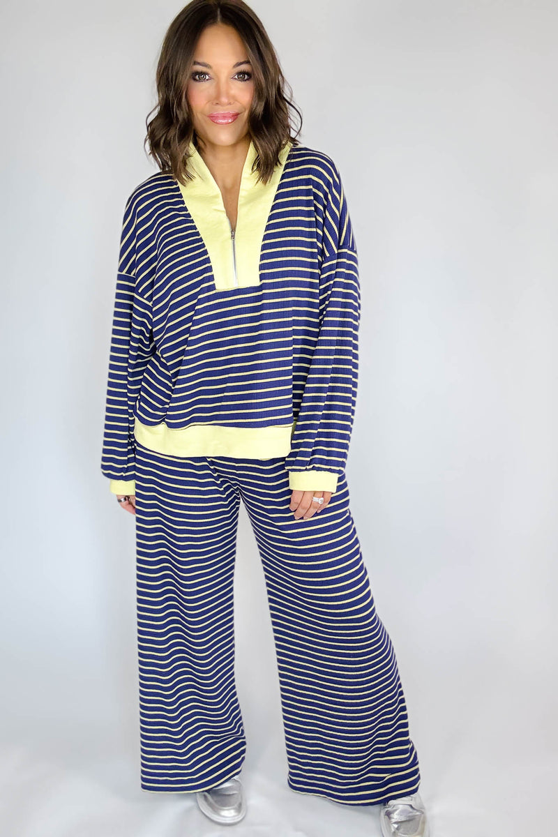Bucketlist Blue And Yellow Half Zip-up Stripe Print Pullover Top