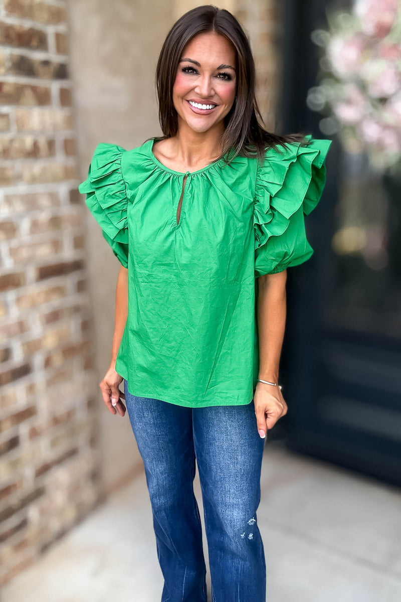 Sugarlips Green Short Ruffle Sleeve Key Hole Blouse