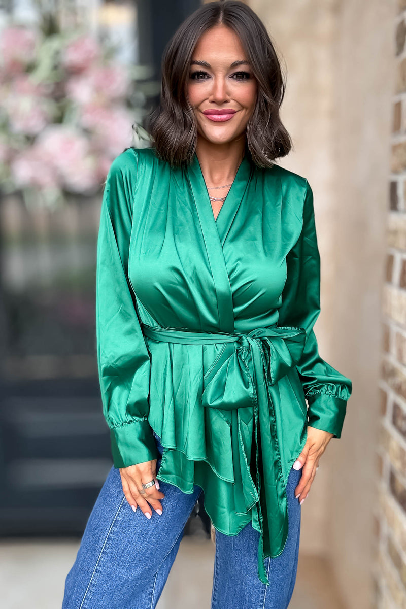 Kelly Green Woven Silky Tie Waist Blouse