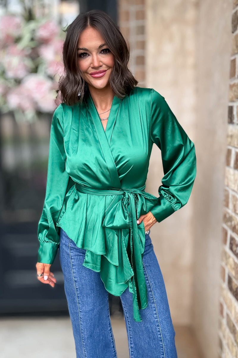 Kelly Green Woven Silky Tie Waist Blouse