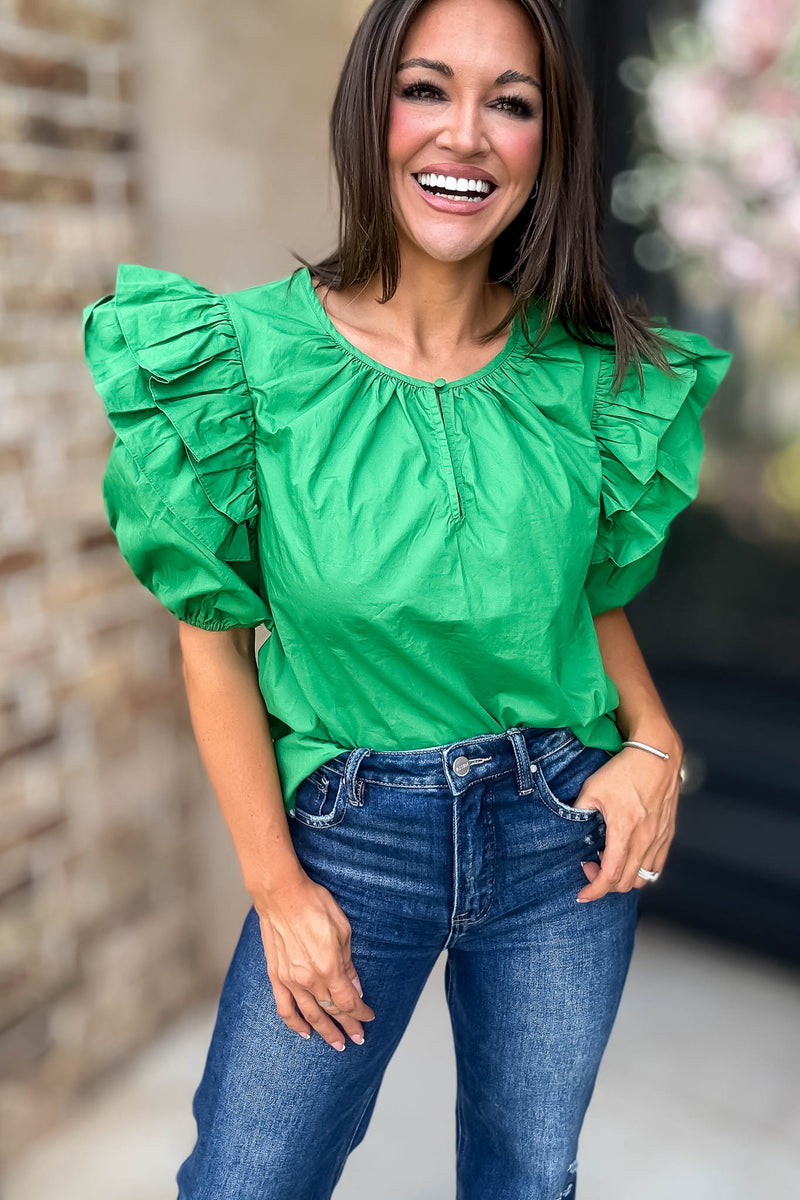 Sugarlips Green Short Ruffle Sleeve Key Hole Blouse