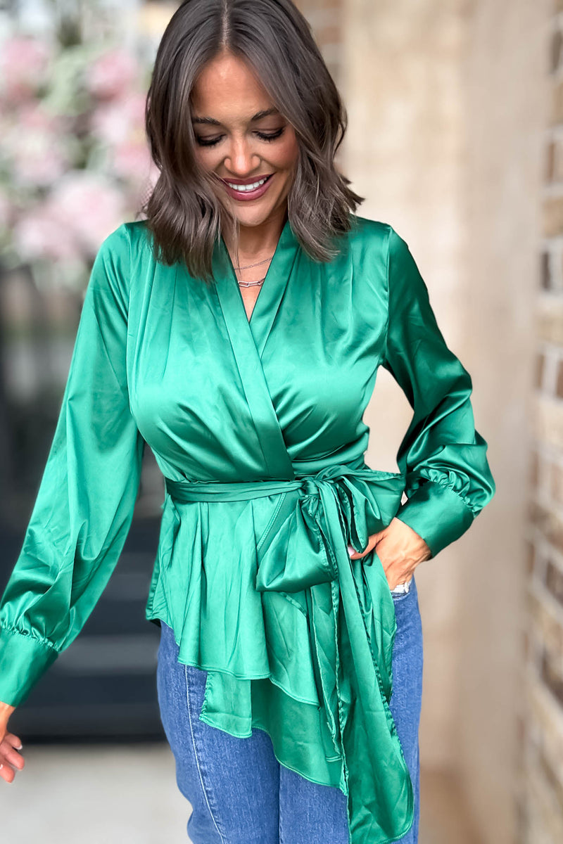 Kelly Green Woven Silky Tie Waist Blouse