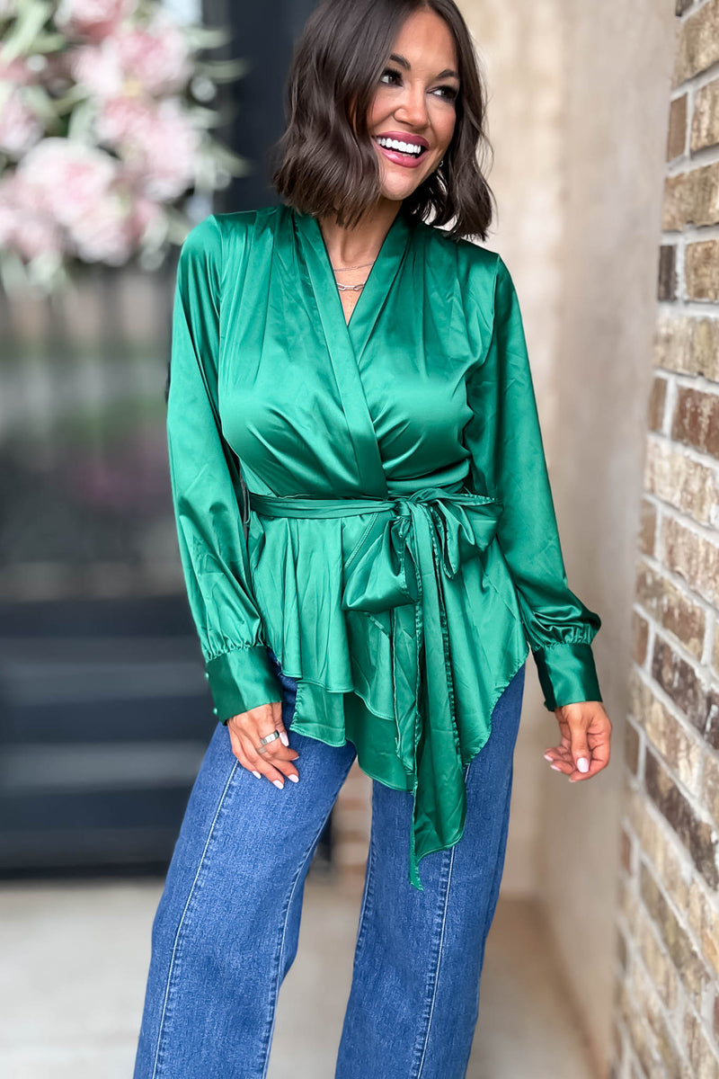 Kelly Green Woven Silky Tie Waist Blouse