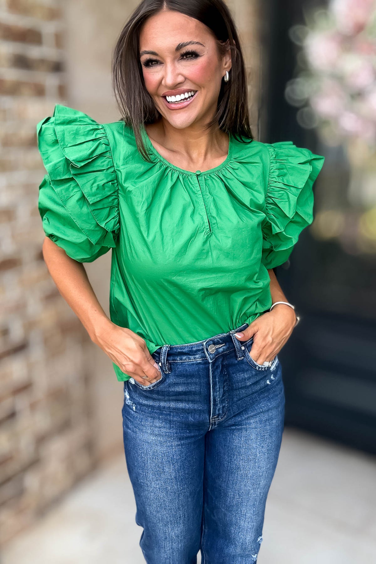 Sugarlips Green Short Ruffle Sleeve Key Hole Blouse – Stella Rae