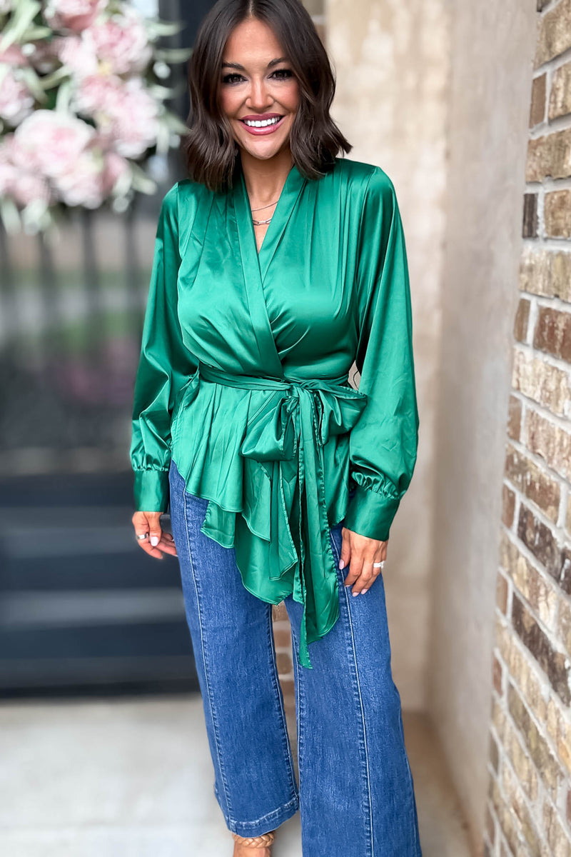 Kelly Green Woven Silky Tie Waist Blouse