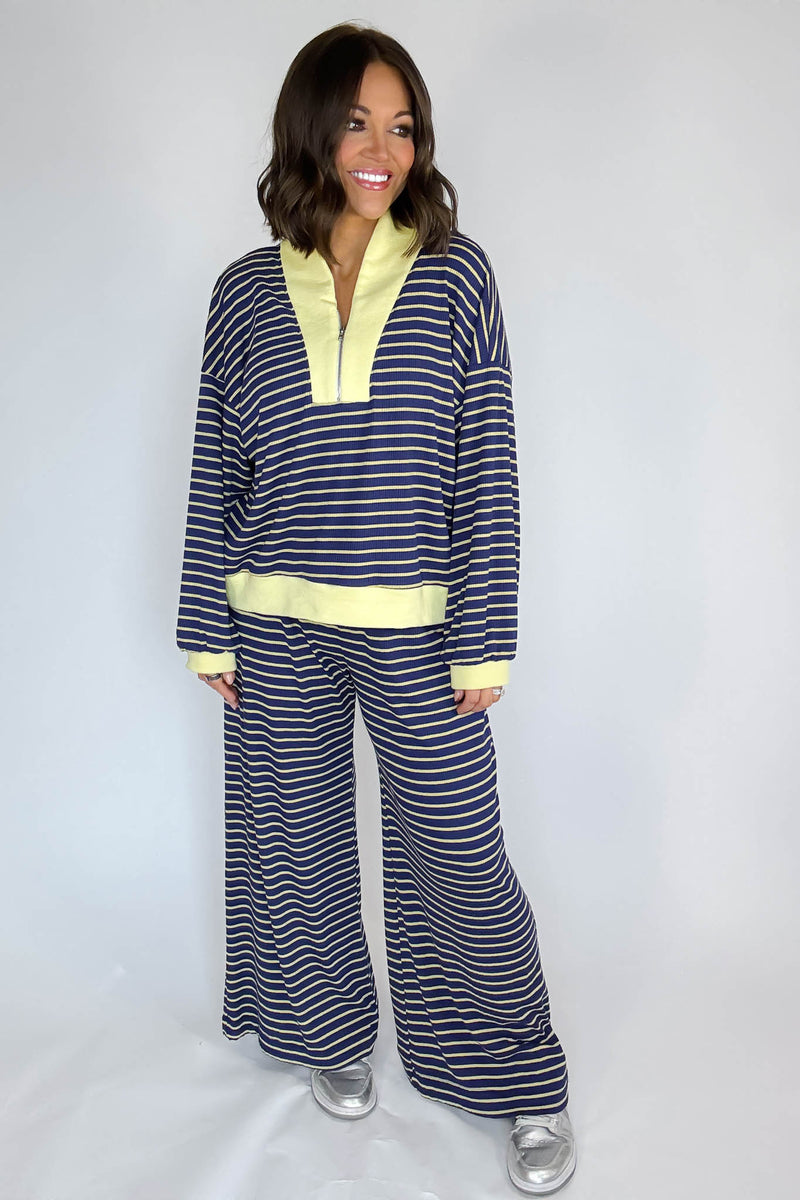 Bucketlist Blue And Yellow Half Zip-up Stripe Print Pullover Top