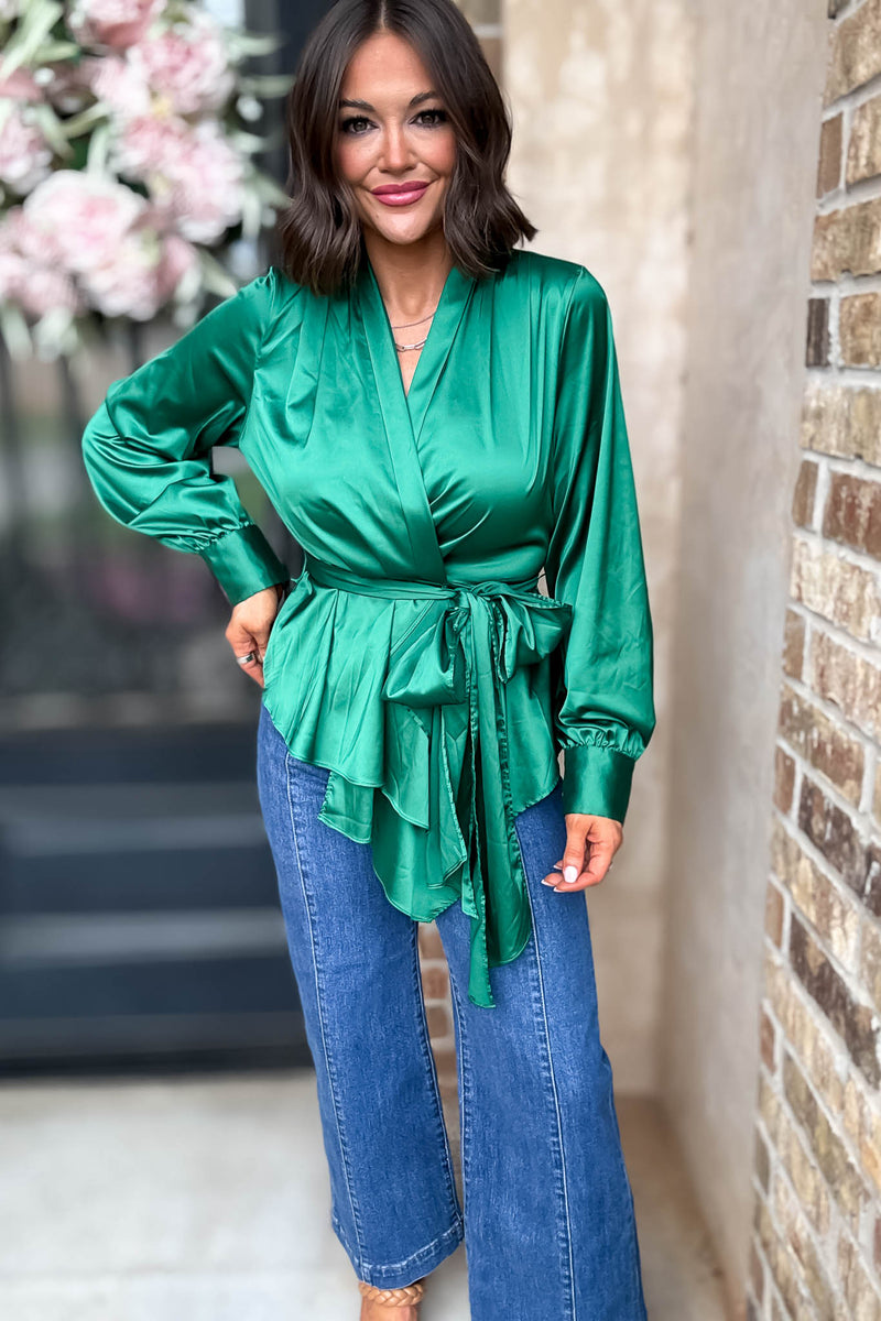 Kelly Green Woven Silky Tie Waist Blouse