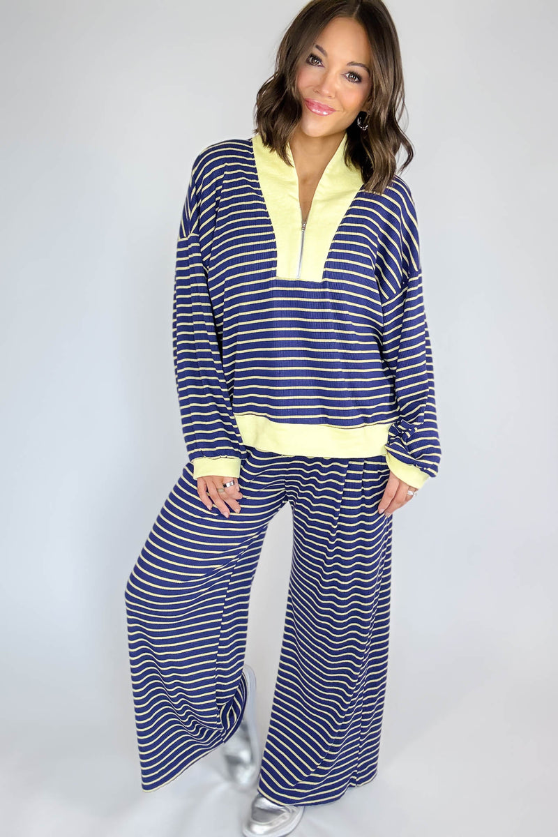 Bucketlist Blue And Yellow Drawstring Waist Stripe Print Ribbed Sweatpants