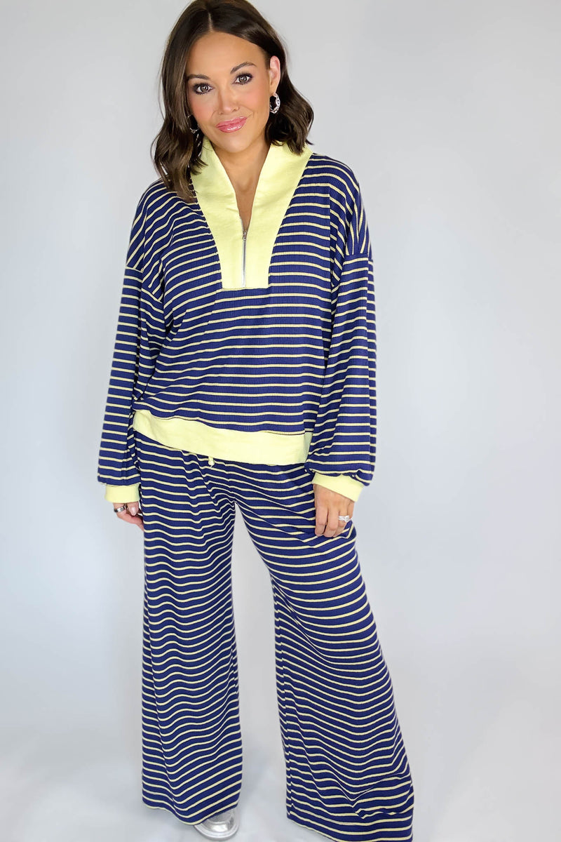 Bucketlist Blue And Yellow Half Zip-up Stripe Print Pullover Top
