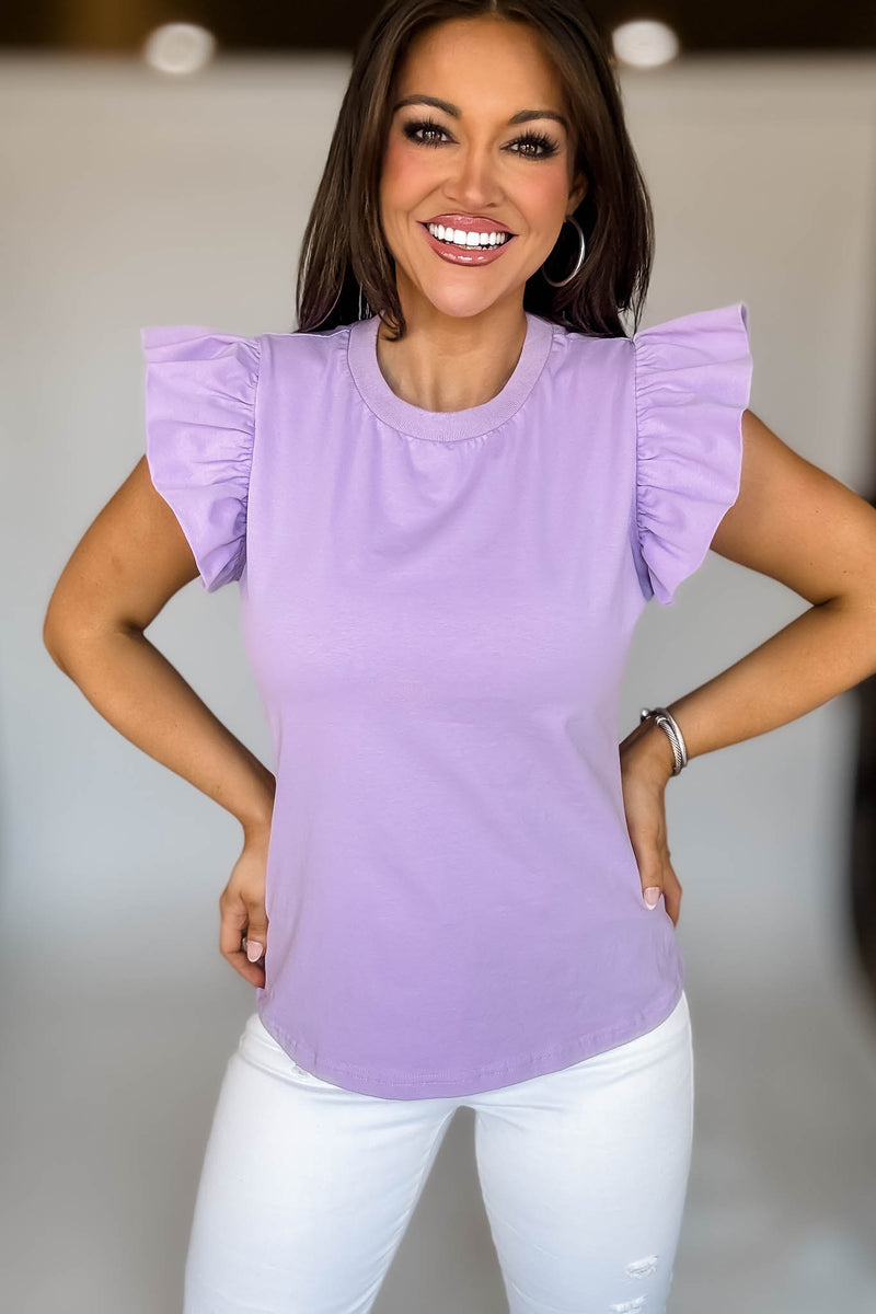 Lavender Poplin Ruffle Sleeve Top