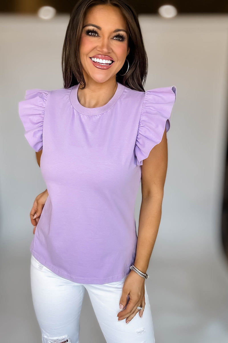 Lavender Poplin Ruffle Sleeve Top
