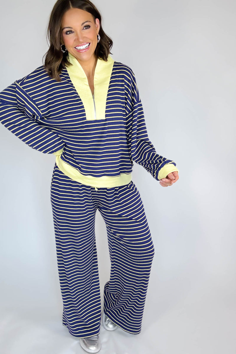 Bucketlist Blue And Yellow Drawstring Waist Stripe Print Ribbed Sweatpants