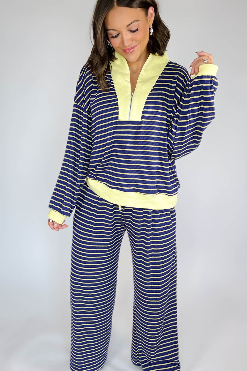 Bucketlist Blue And Yellow Drawstring Waist Stripe Print Ribbed Sweatpants