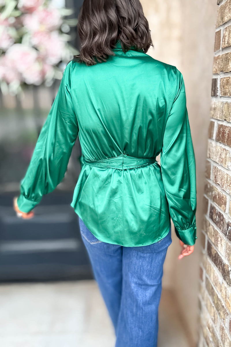 Kelly Green Woven Silky Tie Waist Blouse