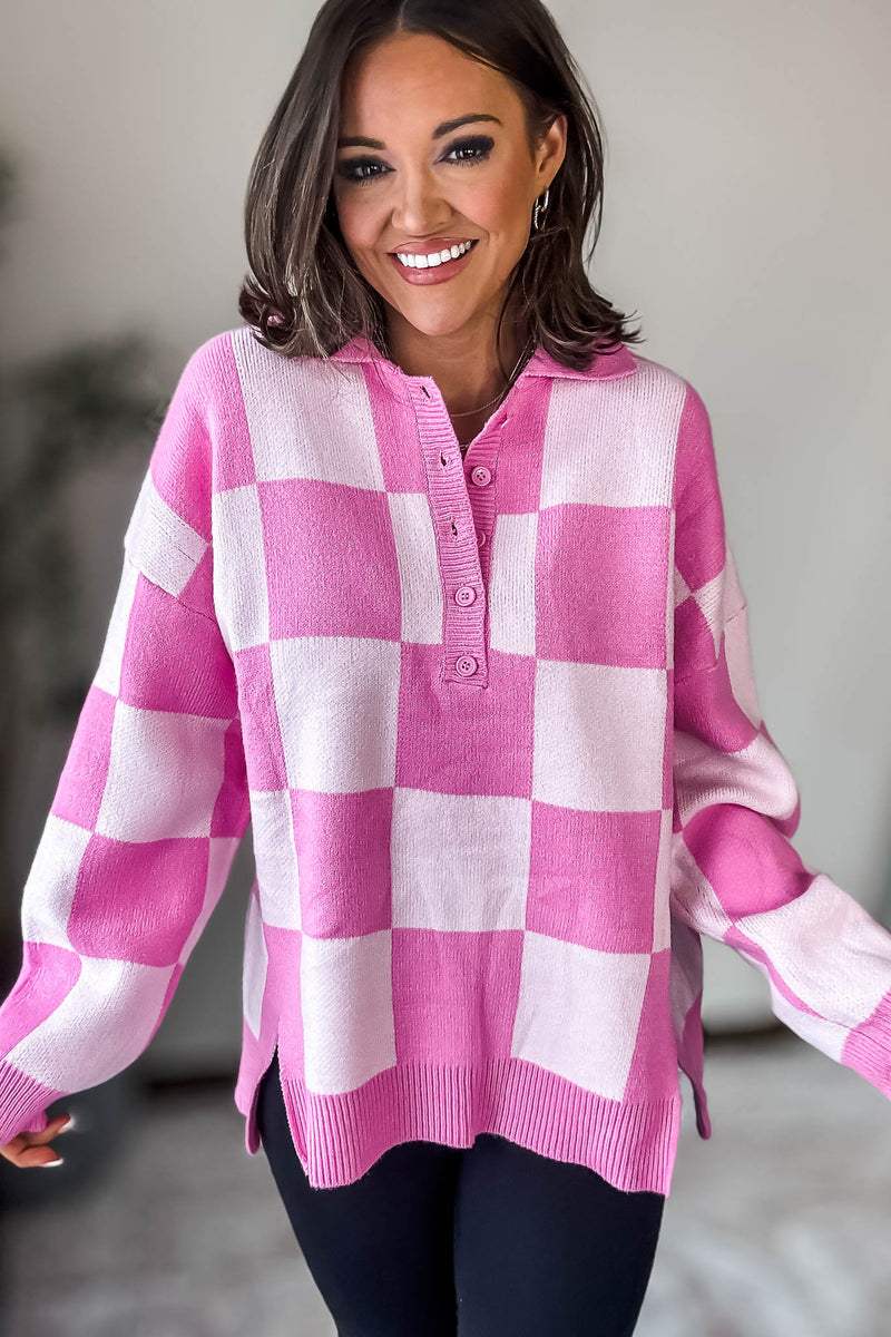 Pink Checkerboard Collared Drop Shoulder Sweater