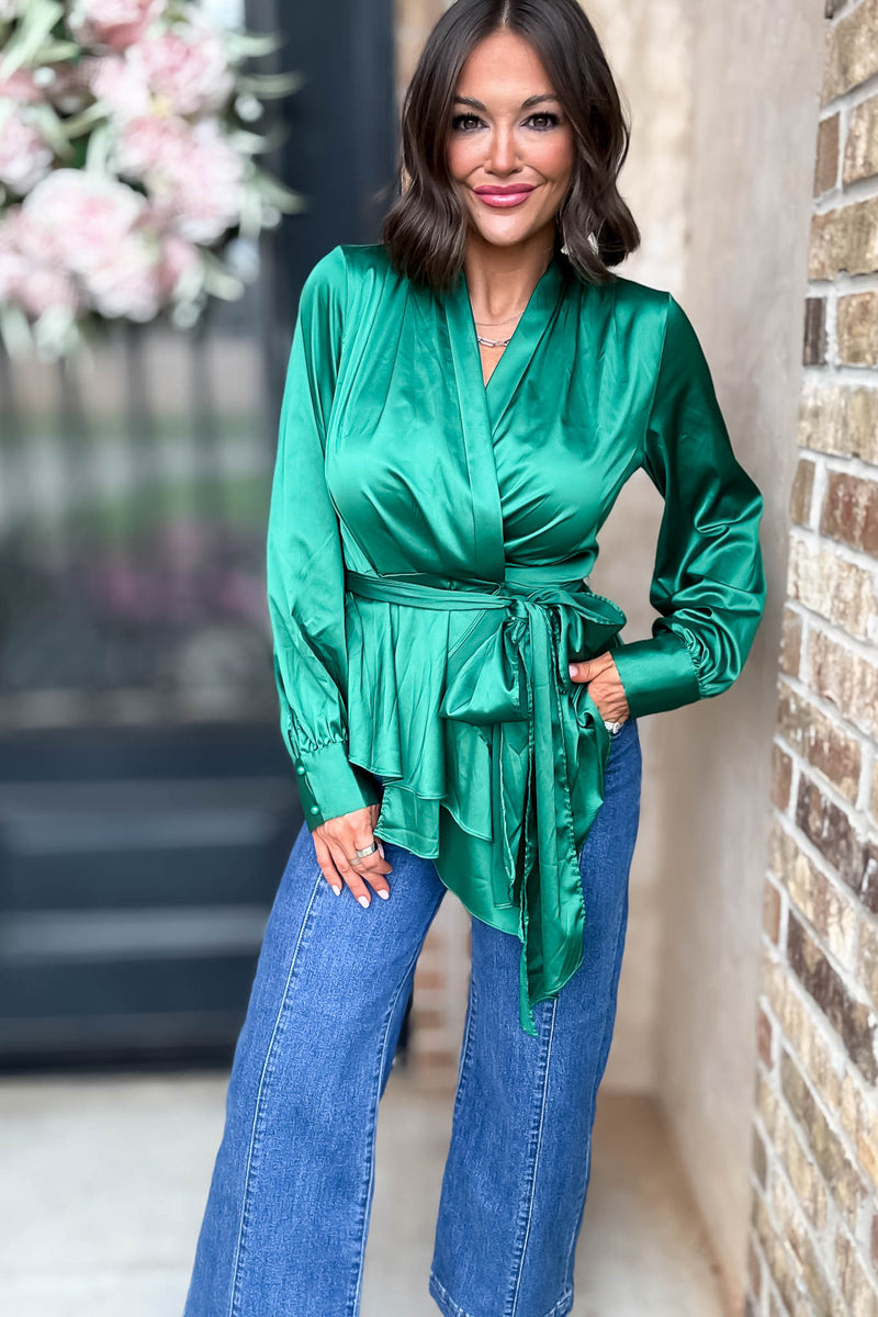 Kelly Green Woven Silky Tie Waist Blouse