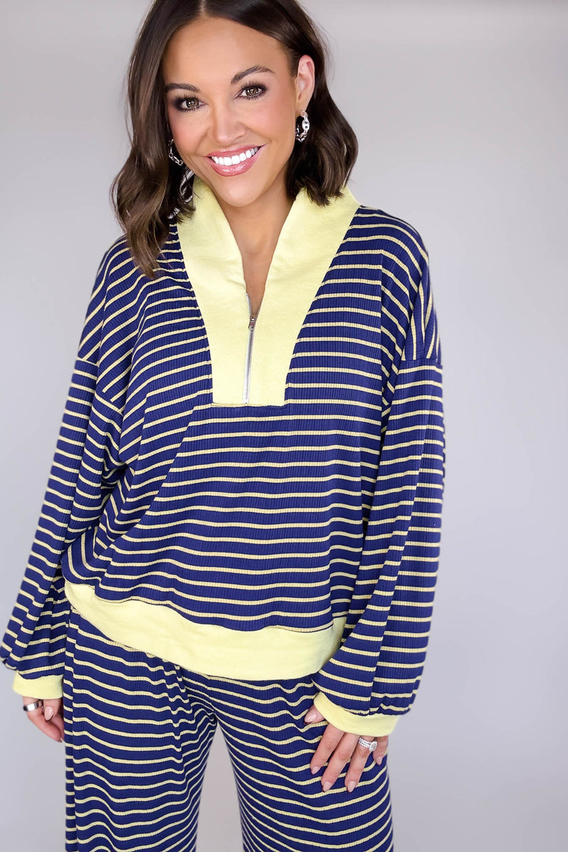 Bucketlist Blue And Yellow Half Zip-up Stripe Print Pullover Top