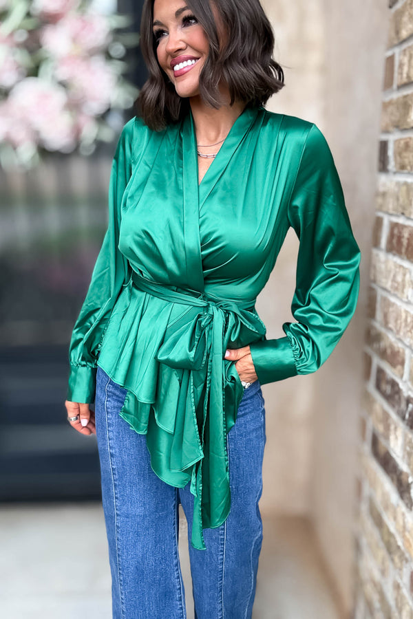 Kelly Green Woven Silky Tie Waist Blouse