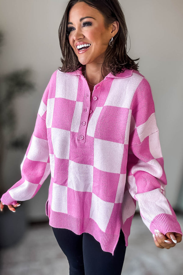 Pink Checkerboard Collared Drop Shoulder Sweater