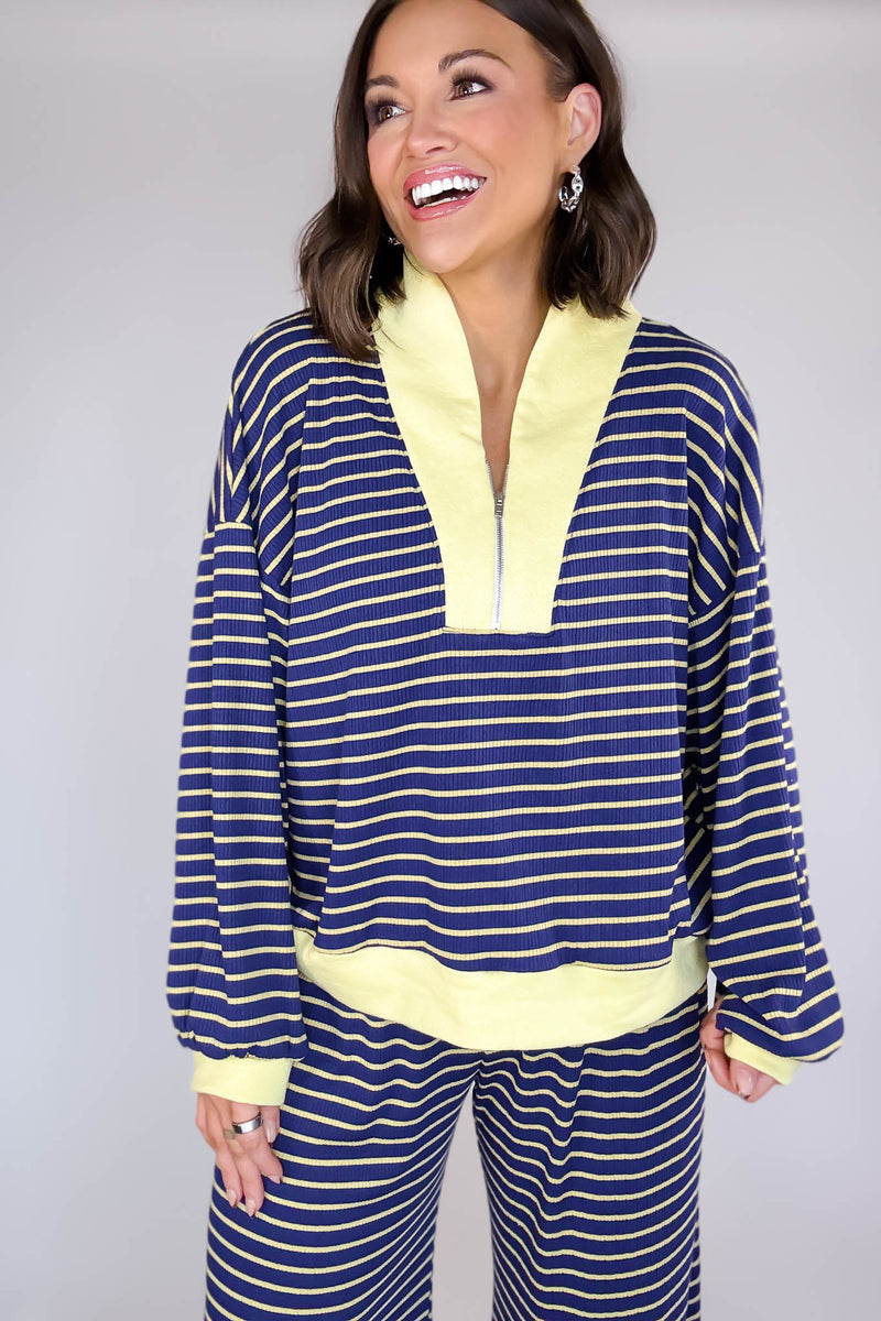 Bucketlist Blue And Yellow Half Zip-up Stripe Print Pullover Top