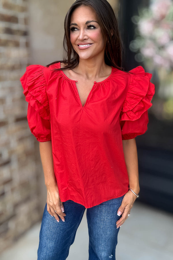 Sugarlips Red Short Ruffle Sleeve Key Hole Blouse