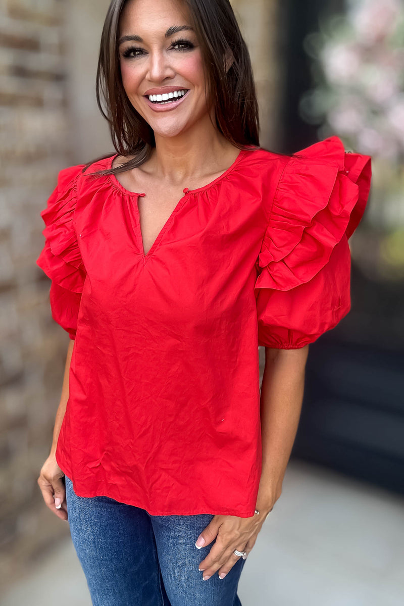 Sugarlips Red Short Ruffle Sleeve Key Hole Blouse