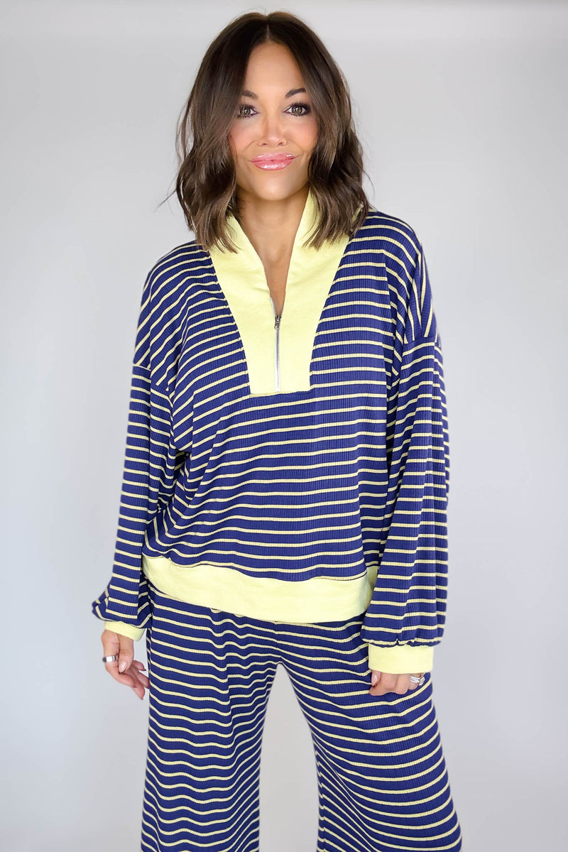 Bucketlist Blue And Yellow Half Zip-up Stripe Print Pullover Top