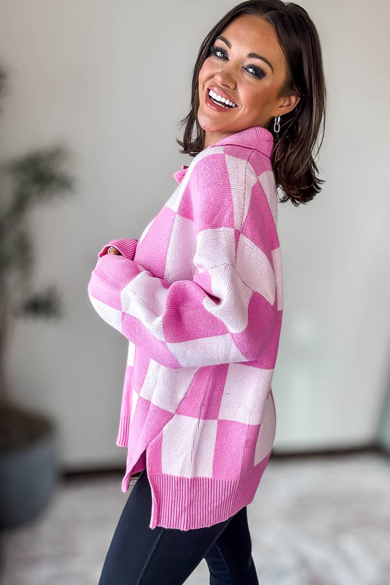 Pink Checkerboard Collared Drop Shoulder Sweater