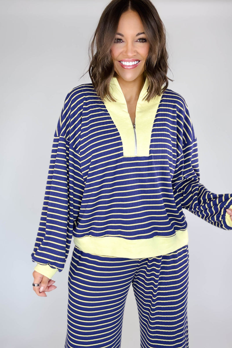 Bucketlist Blue And Yellow Half Zip-up Stripe Print Pullover Top
