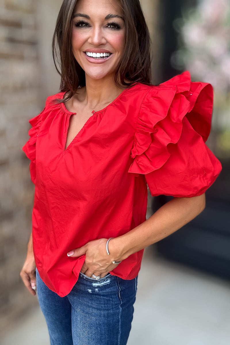 Sugarlips Red Short Ruffle Sleeve Key Hole Blouse