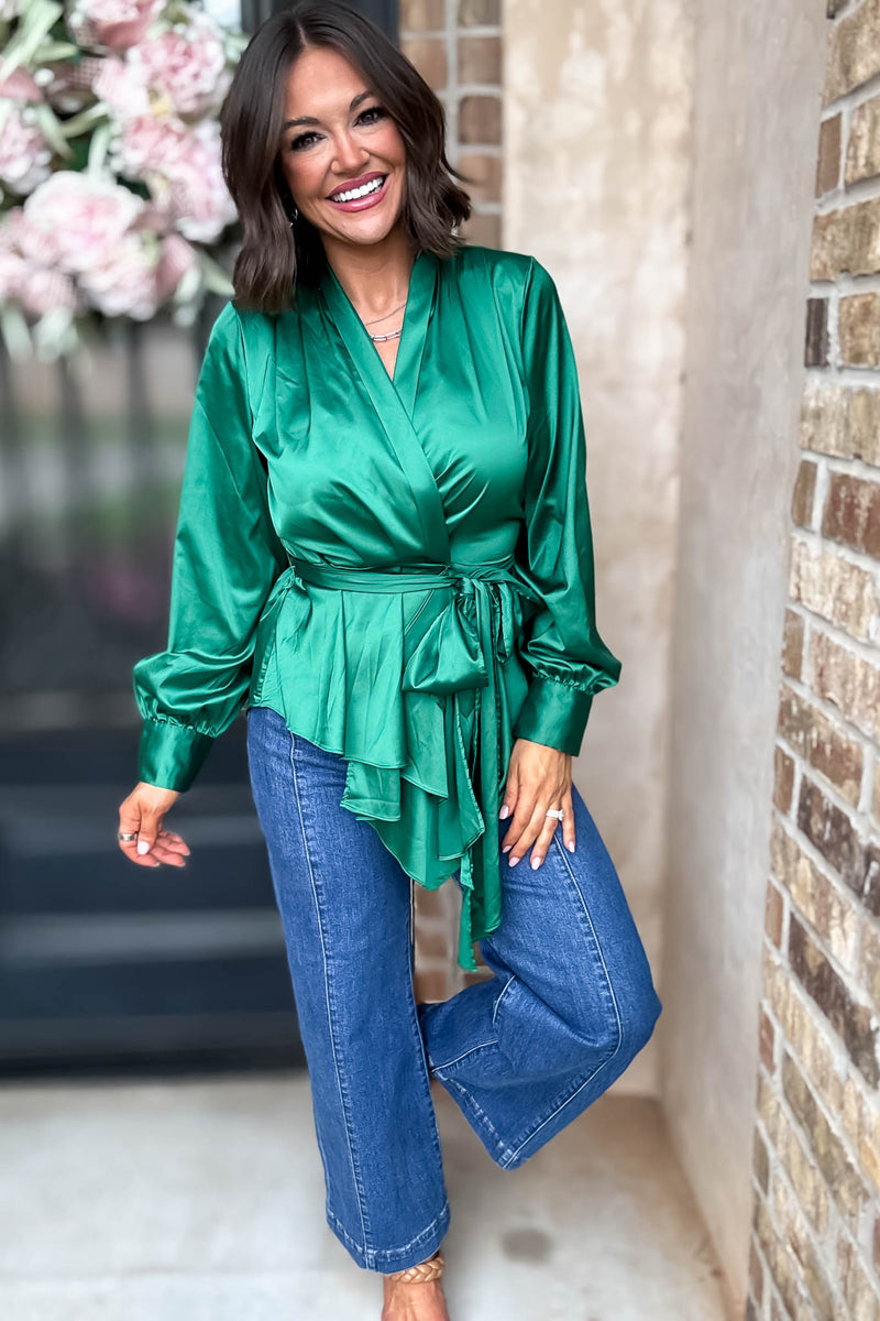 Kelly Green Woven Silky Tie Waist Blouse