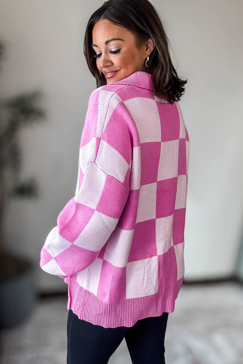 Pink Checkerboard Collared Drop Shoulder Sweater