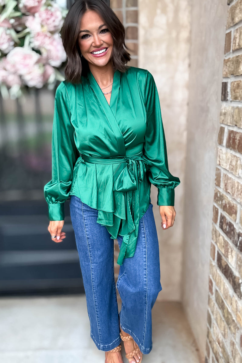 Kelly Green Woven Silky Tie Waist Blouse
