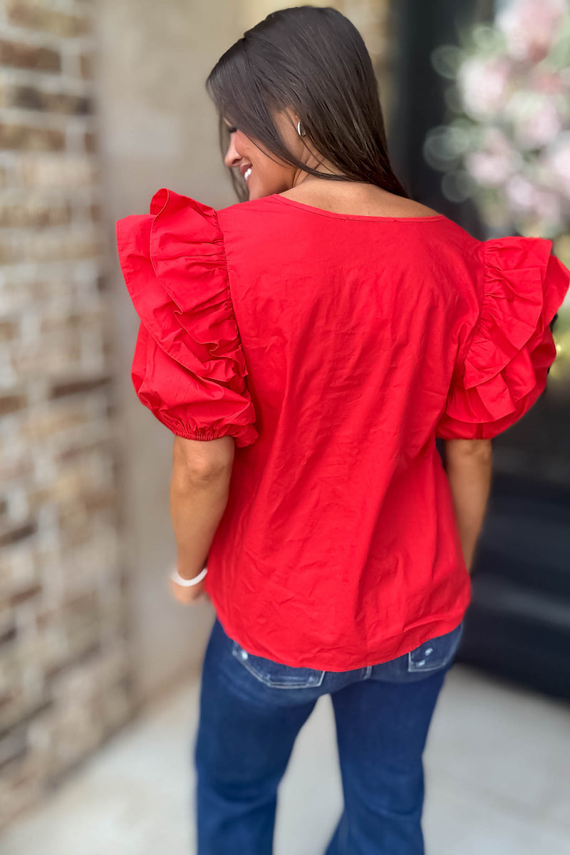Sugarlips Red Short Ruffle Sleeve Key Hole Blouse