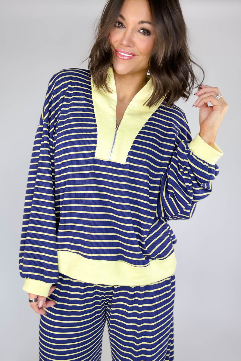 Bucketlist Blue And Yellow Half Zip-up Stripe Print Pullover Top