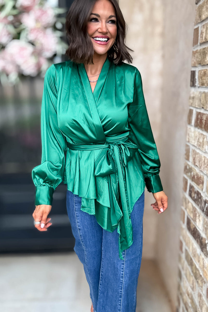 Kelly Green Woven Silky Tie Waist Blouse